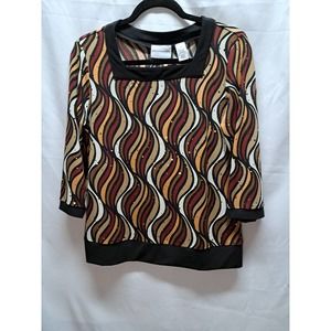 Alfred Dunner Women's Black Brown Gold  3/4 Sleeve Top Wild Thing Blouse PS